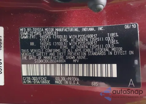 2011 Toyota Sienna Le V6 from USA, damaged, VIN 5TDKK3DC2BS048804